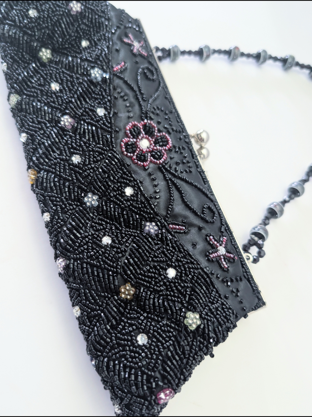 Black Beaded Floral With Purple Detail Evening Clutch Purse Bag Classy Elegant